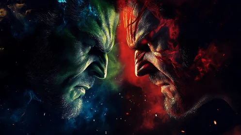 Fiery and emerald warriors locked in intense cosmic duel.