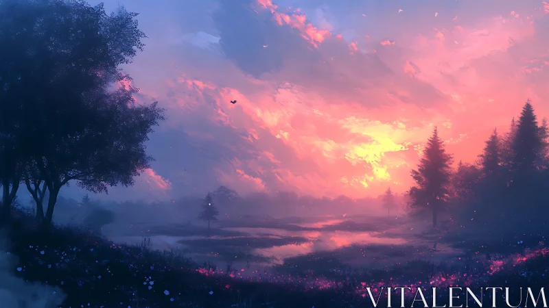 Twilight marshland ignites beneath a dream-bright painted sky.