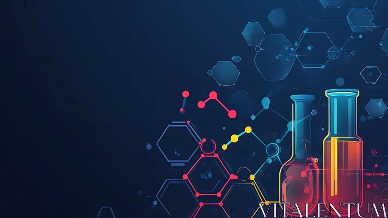 Neon laboratory glassware with molecular network overlays.