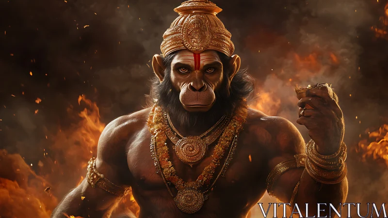 Firelit warrior monkey god crowned in molten dusk armor.