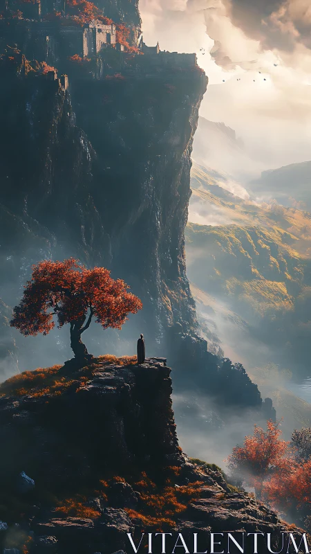 Solitary wanderer under crimson tree on misty cliffs.