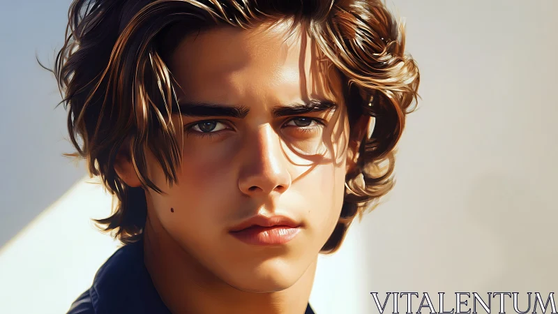 Digital portrait of young man with wavy hair in sunlight.