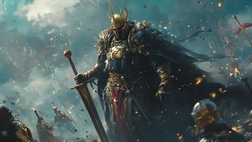 Armored warlord with sword amid burning battlefield.