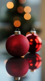 Red baubles rest on reflective surface with soft background bokeh