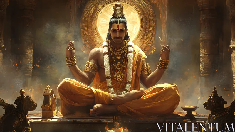 Divine yogic figure in temple interior with radiant mandala halo