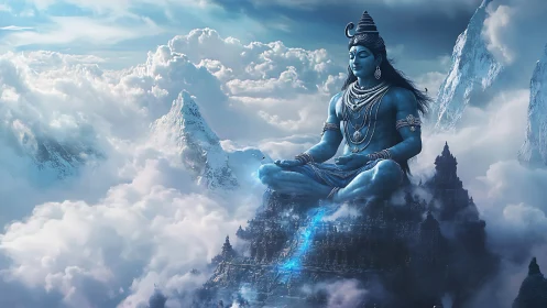 Divine blue figure meditates above misty Himalayan peaks.
