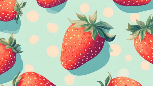 Playful strawberries drift over pastel polka dot blue