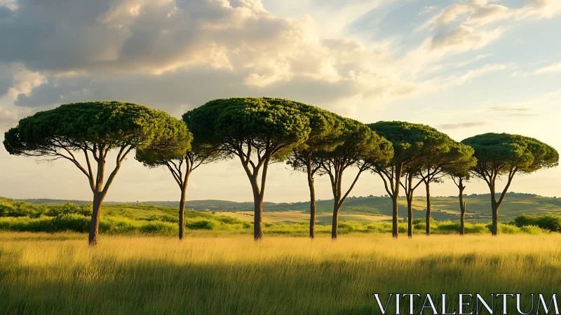 Sunlit umbrella pines aligned over golden coastal meadow.