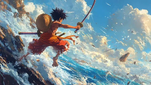 Young sea adventurer leaping boldly into wild, bright waves.