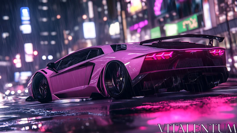 Pink sports car on wet neon city street at night scene.