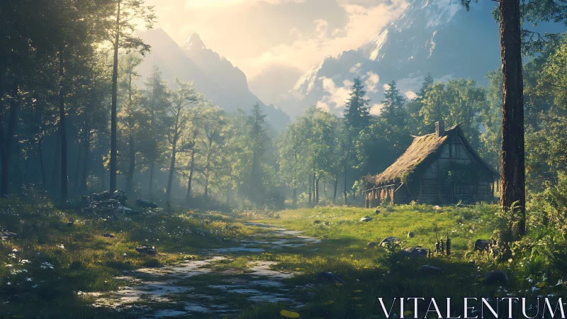 Alpine Valley with Timber Structure and Mountain Backdrop