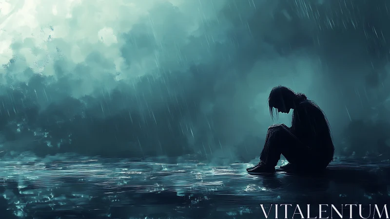 Quiet figure in the rain finding solace in stormy blue night.