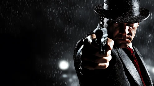 Man in rain points handgun directly at the camera