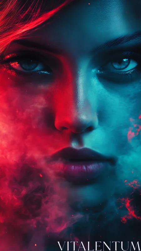 Dual toned female face in red and blue atmospheric light.