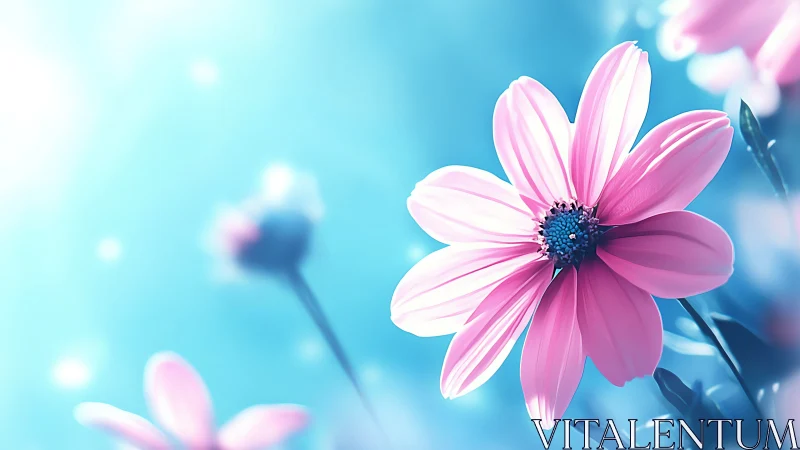Pink Cosmos Against Azure Blur.