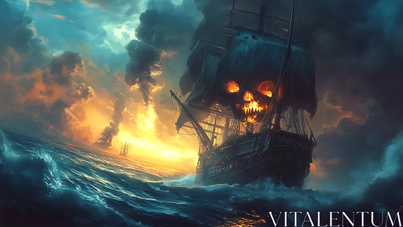 Haunted pirate ship burns across a storm-lit twilight sea