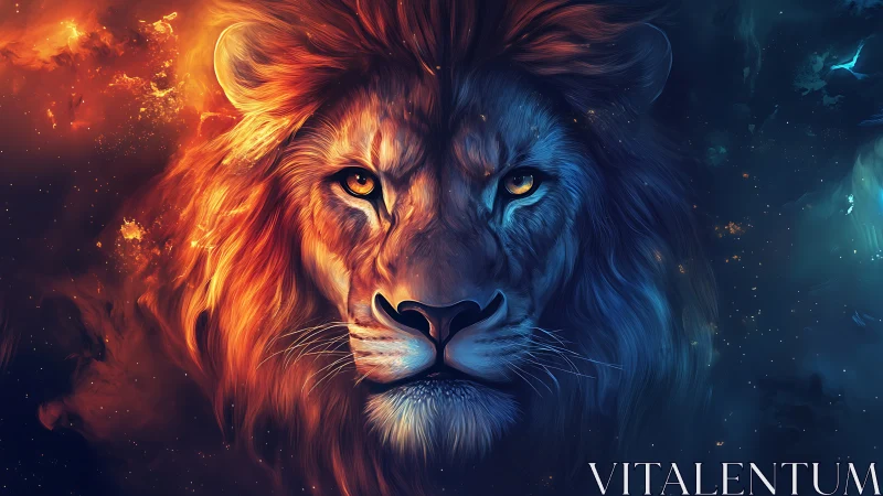 Symmetrical lion portrait with dual warm and cool tones.