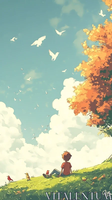 Autumn hillside reverie with birds in stylized atmospheric sky.