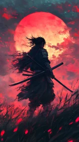 Backlit samurai silhouette strides before oversized crimson moon