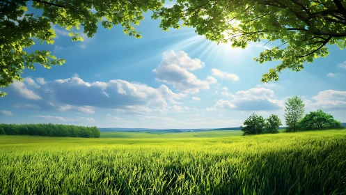 Sunlit grassland panorama with deep perspective and soft clouds