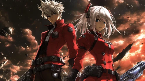 Dual space operatives in crimson suits amid debris field.