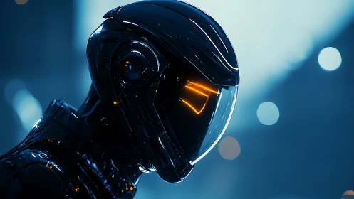 Futuristic android helmet rendered with neon visor highlights