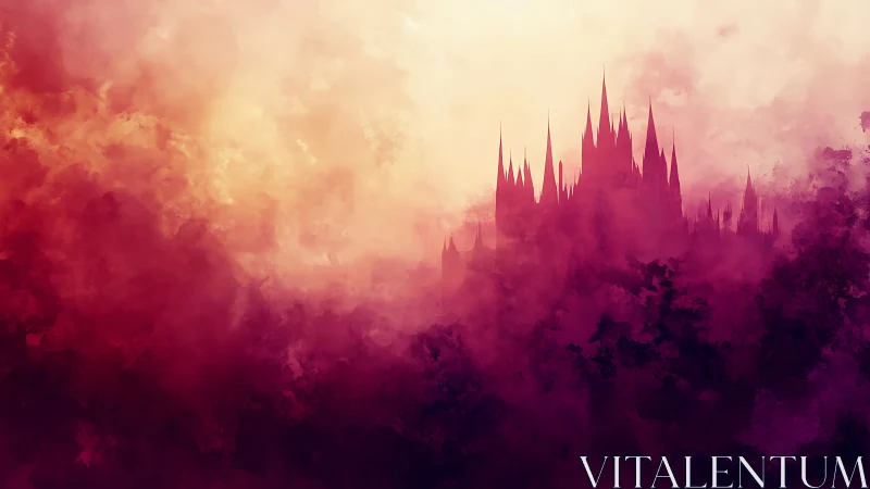 Chromatic fog enshrouding spired fortress silhouette at dusk.