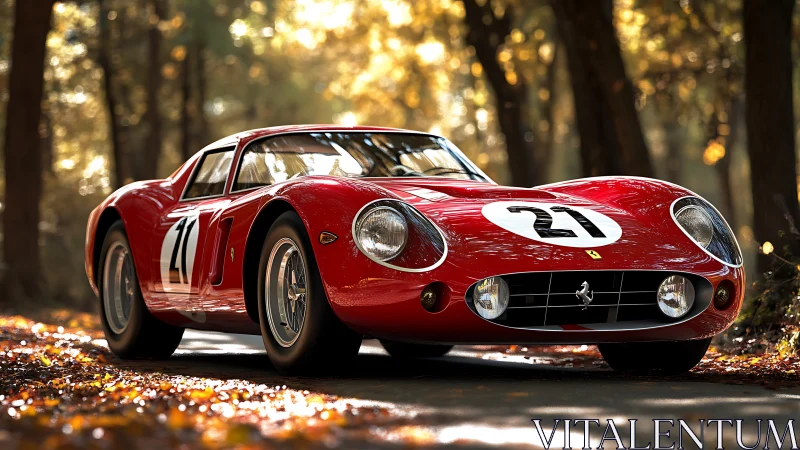 Scarlet racer prowls a sunlit forest road in autumn calm.