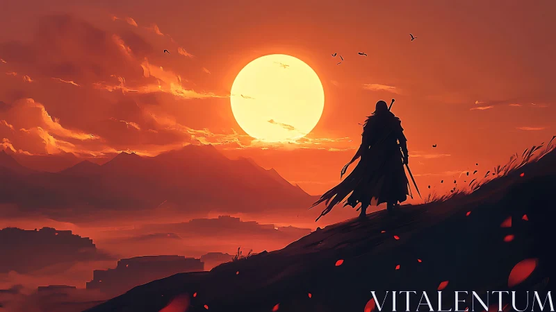 Backlit wandering swordsman against volumetric sunset sphere.