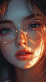 Hyperreal close portrait of girl with glasses in warm rim light