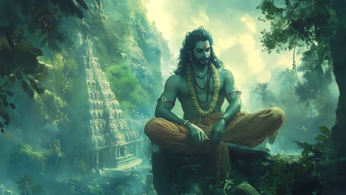 Forest sage in serene meditation beside hidden temple.