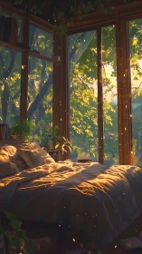 Sun-dusted forest bedroom where morning light lingers.