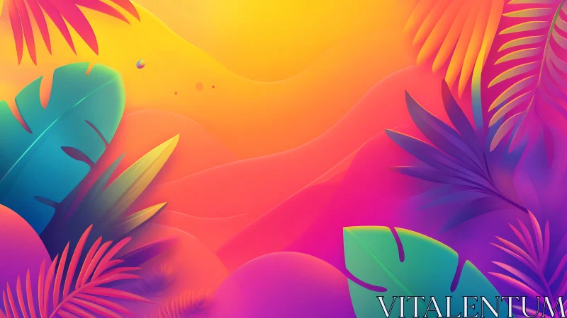 Neon tropic dreamscape where jungle leaves drink sunrise.