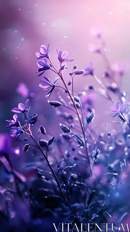 Soft-focus purple wildflowers under glowing light.