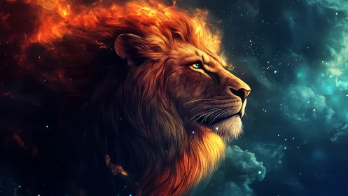 Celestial profile of fiery-maned lion in luminous nebula