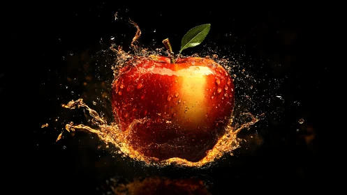 Crimson apple explodes through gold-tinted water splash.