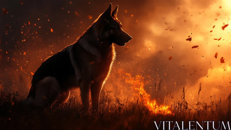Loyal shepherd dog watches glowing wildfire embers at dusk