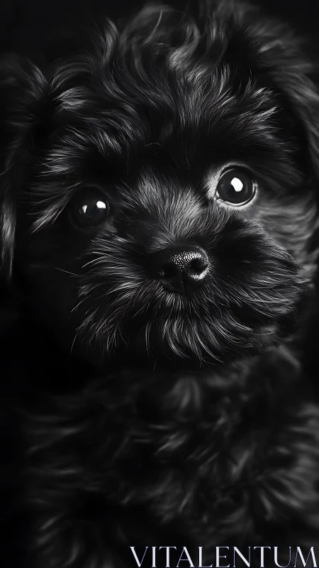 Close-up portrait of small black dog against dark background.