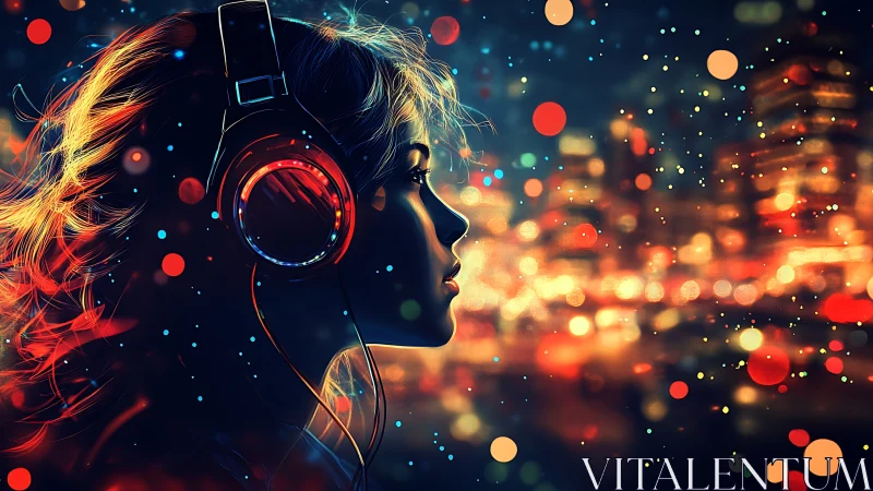 Side profile of headphone user against urban night lights.