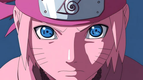 Close frontal view of pink haired ninja character portrait.