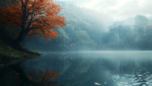 Autumn maple beside misty lake with tranquil reflections.