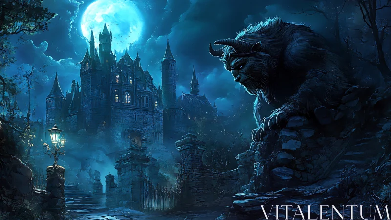 Moonlit gothic fortress watched by looming horned beast.