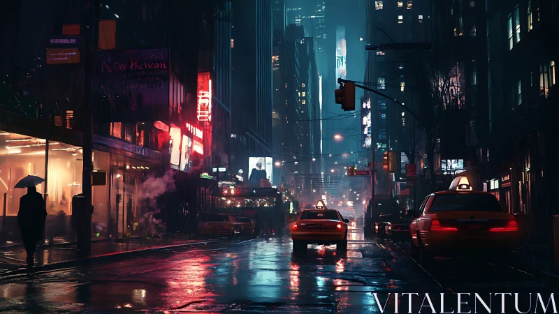 Rain soaked neon avenue pulses with late night taxi traffic