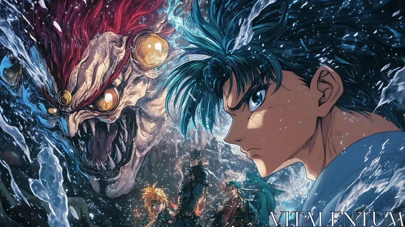 Anime hero confronts raging water demon in storm clash.