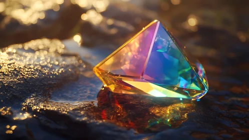 Prismatic jewel catches liquid sunrise on molten shoreline.