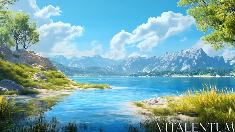 Digital landscape shows clear lake with distant mountain range