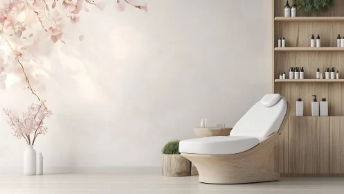 Serene spa nook with blossom wall and cozy treatment chair.