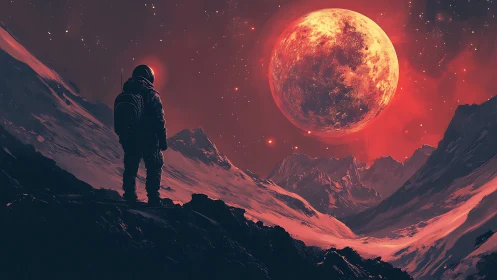 Solitary astronaut beneath colossal crimson moonrise.