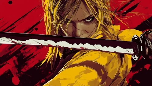 Dynamic cel-shaded swordswoman with katana in aggressive frontal pose