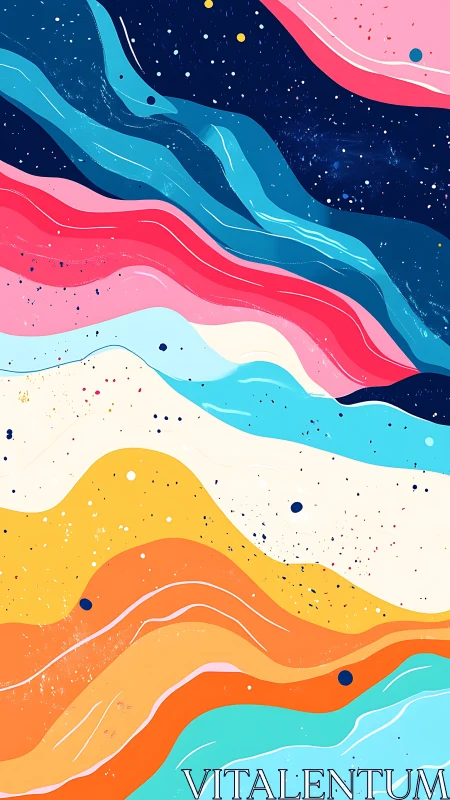 Vibrant abstract waves flow through celestial night field.